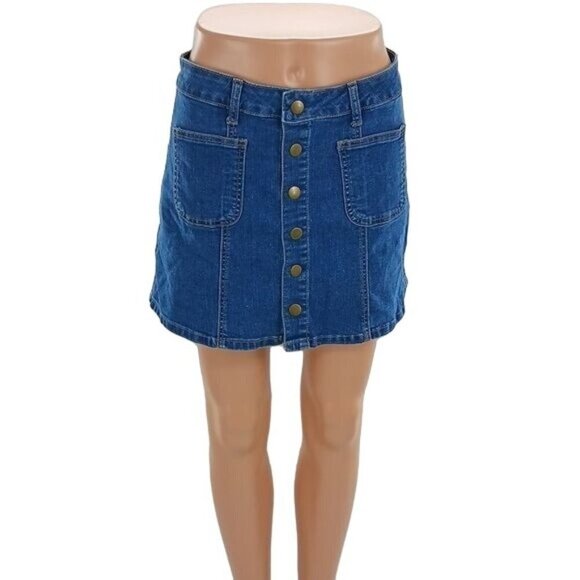 Altar'd State Denim Skirt Button Down Pockets Blue Jean Mini Womens Size S - Picture 1 of 5